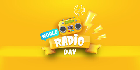 Vector World radio day horizontal banner with old cassette stereo player isolated on orange podium background. Cartoon funky hipster Radio day banner, label, sign, icon or poster with radio