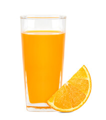 Glass of 100% Orange juice with pulp and sliced fruits isolated on white background.