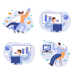 Broker watching the charts on the computer monitor. Stock trader. Male investor at work. Cryptocurrencies business. Stock trading on the exchange vector illustration.