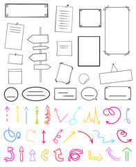 Abstract colored arrows. Infographic elements on isolated white. Set of different multicolored signs. Hand drawn simple objects. Right and left direction pointers