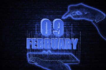 February 9th. A hand holding a phone with a calendar date on a futuristic neon blue background. Day 9 of month.