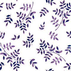 Seamless background with an image of watercolor purple branches and leaves on a white background. 