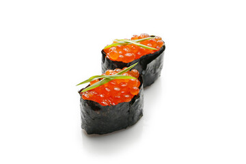 Gunkan sushi with salmon caviar rolled in nori sheet, 2 piece, isolated. Packshot photo for menu, package design.