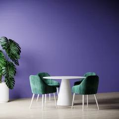 Photo sur Plexiglas Pantone 2022 very peri Dining room with a round white table .Very peri color empty wall and bright green emerald chairs.Mockup design interior home. 3d rendering