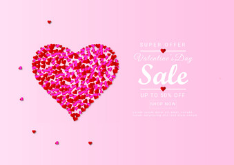 Happy valentines day super sale offer with pink background with realistic hearts premium vector