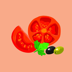 Slices of fresh juicy tomato, olives and parsley leaf on a beige background. Vector illustration of food
