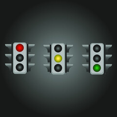 Three dark grey traffic lights on a dark background. Vector illustration