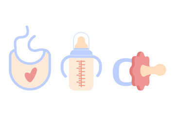 Set of of baby feeding supplies. Baby bib for feeding, Baby bottle with pacifier, Pacifier nipple for newborn baby. Milk, Nutrition for newborn. Newborn clothes for eating. Vector illustration