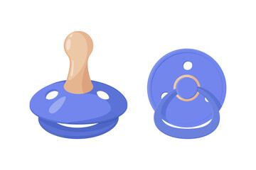 Bright purple Pacifier nipple for newborn baby. Side view, rear view. Child's toy for youngest. Care products for children. Childhood accessories. Vector illustration