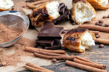 custard cake with cream, chocolate and other sweets