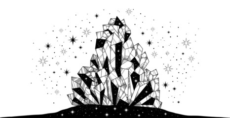 Vector shining precious magic crystal decorated with magician faceted stars light. Illustration Mystical esoteric symbol. Gothic pattern design print card, T-shirt. Patterned magical coloring page