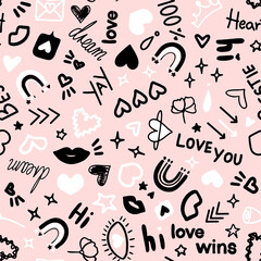 Cute doodled valentines day love themed seamless repeat pattern. Random placed, vector icons like hearts, stars, wording, arrows, flowers, rainbows, lips. Cartoon all over print on pink background.