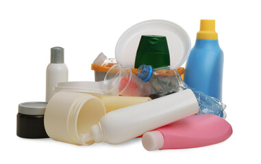 Pile of plastic garbage on white background