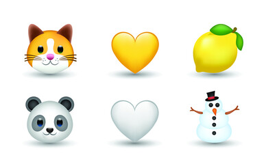 6 Emoticon isolated on White Background. Cat, lemon, white and green heart, panda, snowman vector emoji illustration. 3d Illustration set. © Turkan Jabbarli