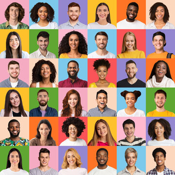 Set of happy mixed people faces on bright colorful backgrounds, square pic
