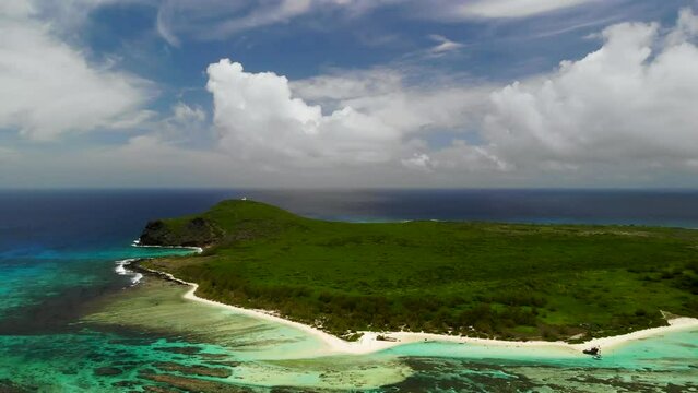 Aerial view on a bay with catamarans between Flat and Gabriel islands 