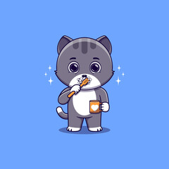 Cute Cat brushing teeth while holding mug
