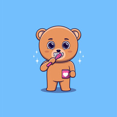 Cute Bear brushing teeth while holding mug