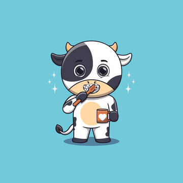 Cute Cow brushing teeth while holding mug