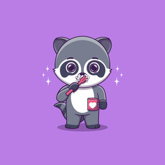 Cute Raccoon brushing teeth while holding mug