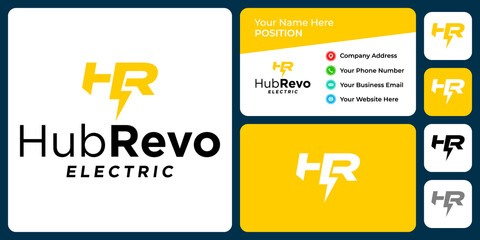 Letter H R monogram electric logo design with business card template.
