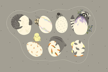 Easter cute animals with painted eggs for the holiday. Easter eggs with a pattern. Raccoon, spider, chickens and cat. Children's Easter cartoon. Happy easter.