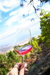 Female hand holding glass with rose wine  against the forest landscape. Exotic Hight altitude wine tasting experience.
