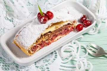 Strudel with a cherry. Cherry pie.