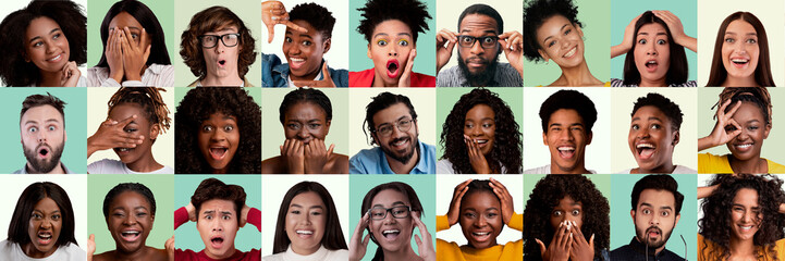 Multiracial millennial people showing different emotions, set of photos