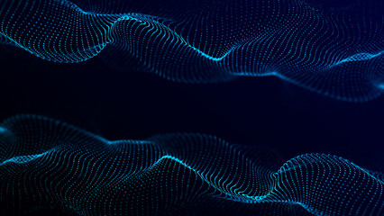 Naklejka premium Abstract technology wave of particles. Big data visualization. Dark background with motion dots and lines. Artificial intelligence.