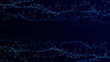 Abstract technology wave of particles. Big data visualization. Dark background with motion dots and lines. Artificial intelligence.