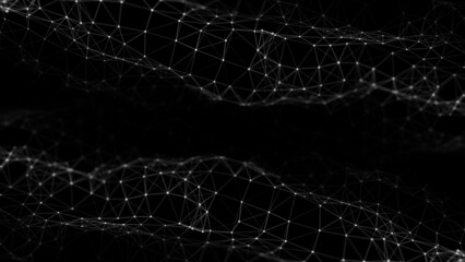Abstract technology wave of particles. Big data visualization. Dark background with motion dots and lines. Artificial intelligence.