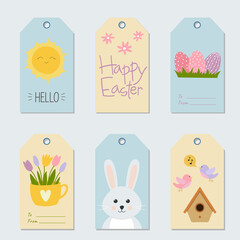 Set of Easter gift tags and labels with cute cartoon characters and lettering. Doodle flat style 