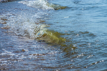 Sea wave with spray and foam near the shore