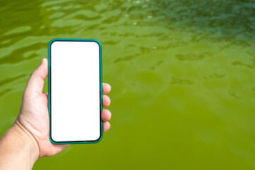 Smartphone mockup in a man's hand, Close-up on a background of green water.