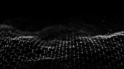 Futuristic hexagon wave. Dark cyberspace. Abstract wave with dots and line. White moving particles on background. 3d rendering.