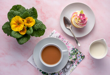 Food photography of cupcakes, muffins, milk, tea