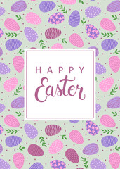 Template of Easter greeting card. Hand drawn text on colorful decorated Easter eggs pattern