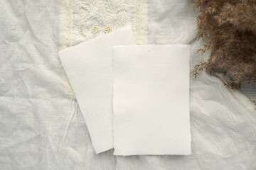 White handmade recycled paper card mockup, bohemian wedding invitation mockup, paper for scrapbook...