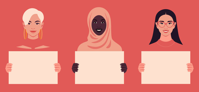 Young women are holding empty posters in their hands. Feminism and women's rights. Diversity. Portrait of a protesting students on a red background. Vector illustration in a flat style
