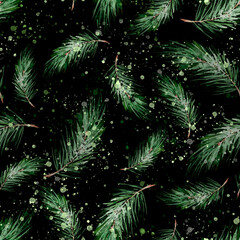 Fototapeta na wymiar Watercolor Vintage seamless pattern. With a picture - a branch of spruce, Pine, fir-tree and cedar. The pattern of pine branches. Use for various designs, materials, packaging, paper. 