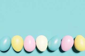 3d render of colorful Easter eggs border on a turquoise background
