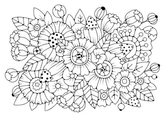 Bouquet of abstract black-white flowers for coloring. Vector illustration. Coloring page for children and adults. Art therapy.