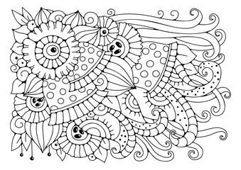 Doodle flowers background for coloring. Coloring page, art therapy for children and adults. Art line vector illustration.