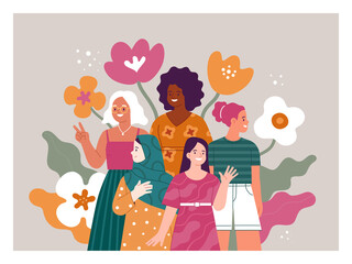 International Women's Day concept. Vector cartoon illustration of diverse smiling women of different nationalities, standing in front of abstract flowers. Isolated on background - obrazy, fototapety, plakaty