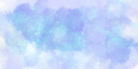 Blue purple whit cloudy sky puffy colourful. Color full abstract bokeh background. Ink effect grungy smooth wet pastel light pink, purple and blue shades watercolor paper textured illustration.