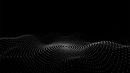 Futuristic wave. Vector dark cyberspace. Abstract music sound wave with dots. White moving particles on a black background.