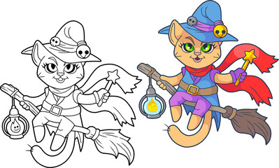 cartoon cute cat witch on a broom, coloring book, funny illustration