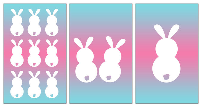 A set of postcards with a picture of a hare in minimalism. Background for printing on paper, wallpapers, covers, textiles, fabrics, banner postcard Happy Easter, happy birthday, wedding, mother's day
