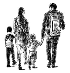 Textured hand drawing of silhouettes family of townspeople walking outdoors together